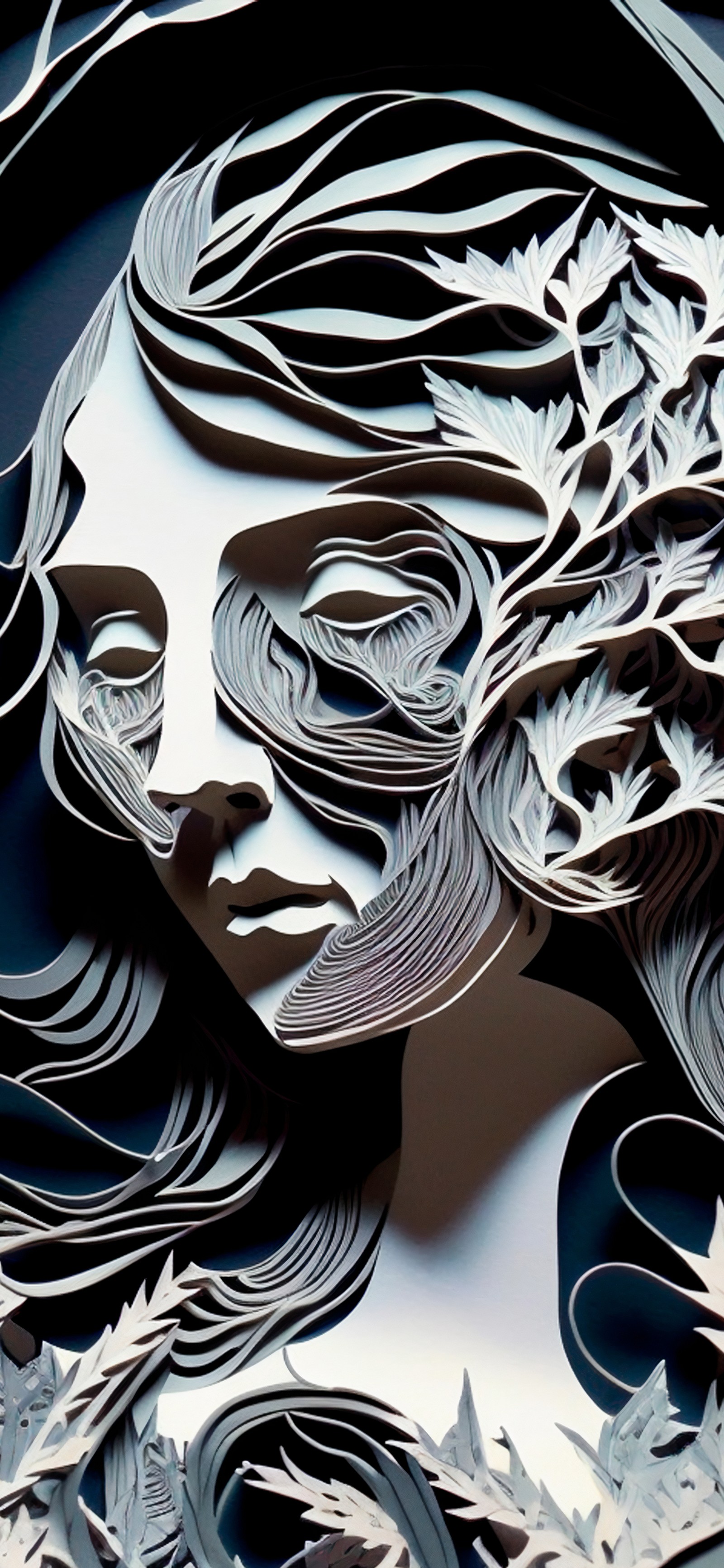 A close up of a paper cut of a woman's face (fiction, eye, eyelash, art, pattern)