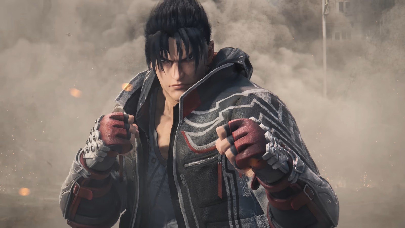 A close up of a person holding a gun in a smokey area (jin kazama, tekken 8, video game)