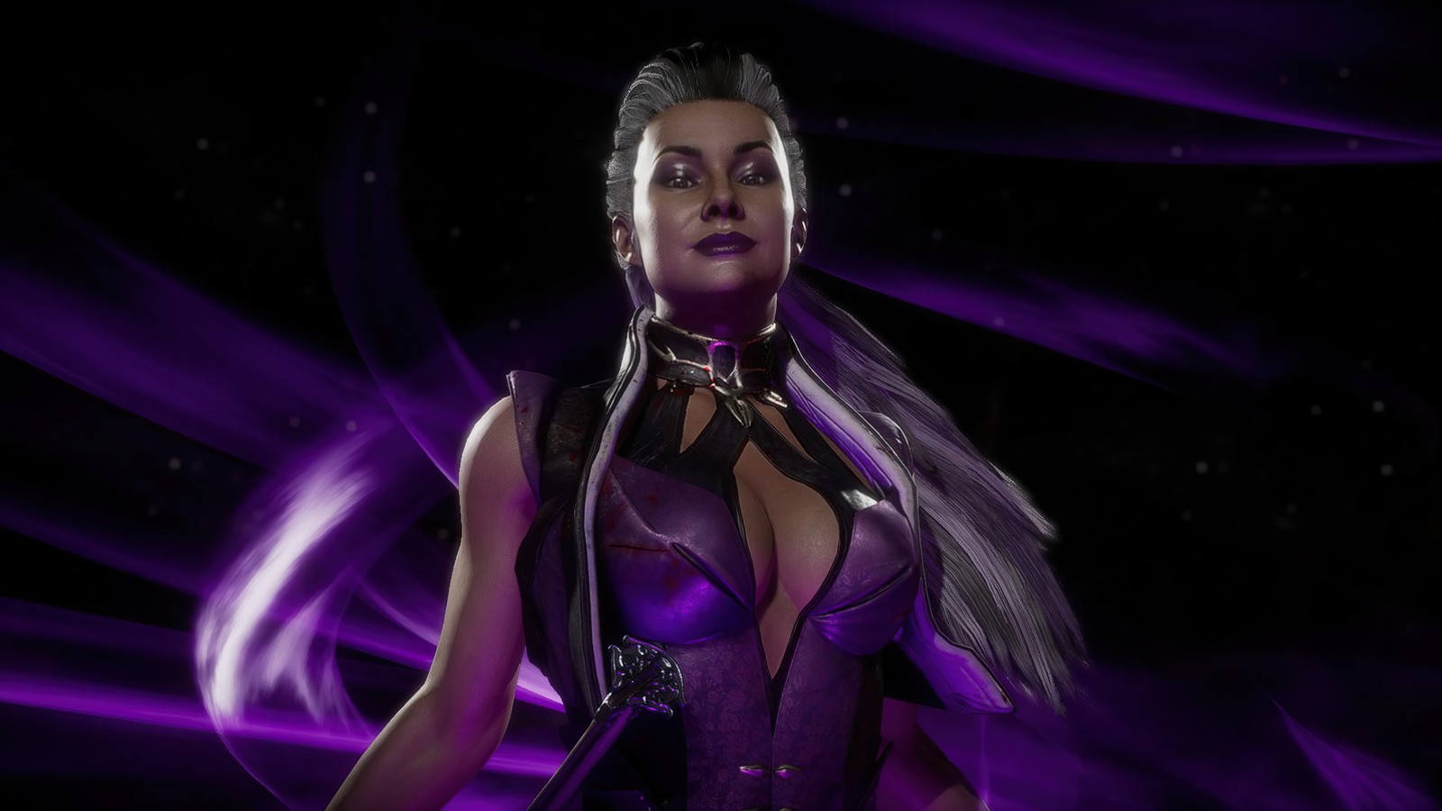 Женщина в фиолетовом костюме с мечом и фиолетовым светом (синдэль, sindel, mortal kombat 11, mk11, видеоигра)