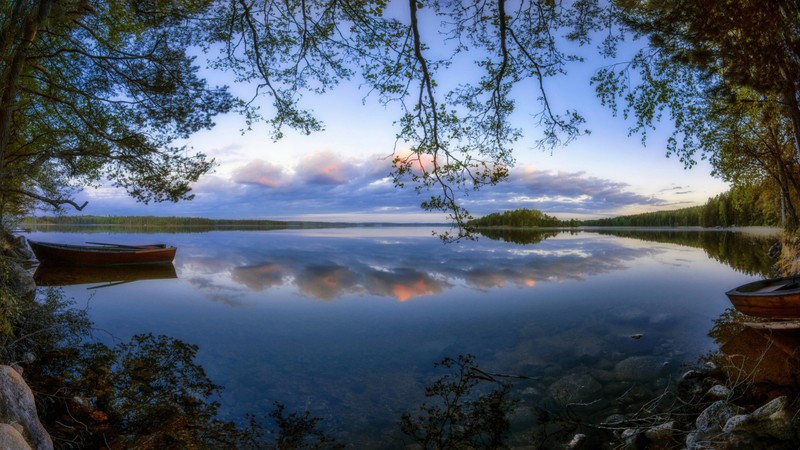 Вид на лодку, стоящую на озере рядом с лесом (отражение, природа, вода, озеро, дерево)