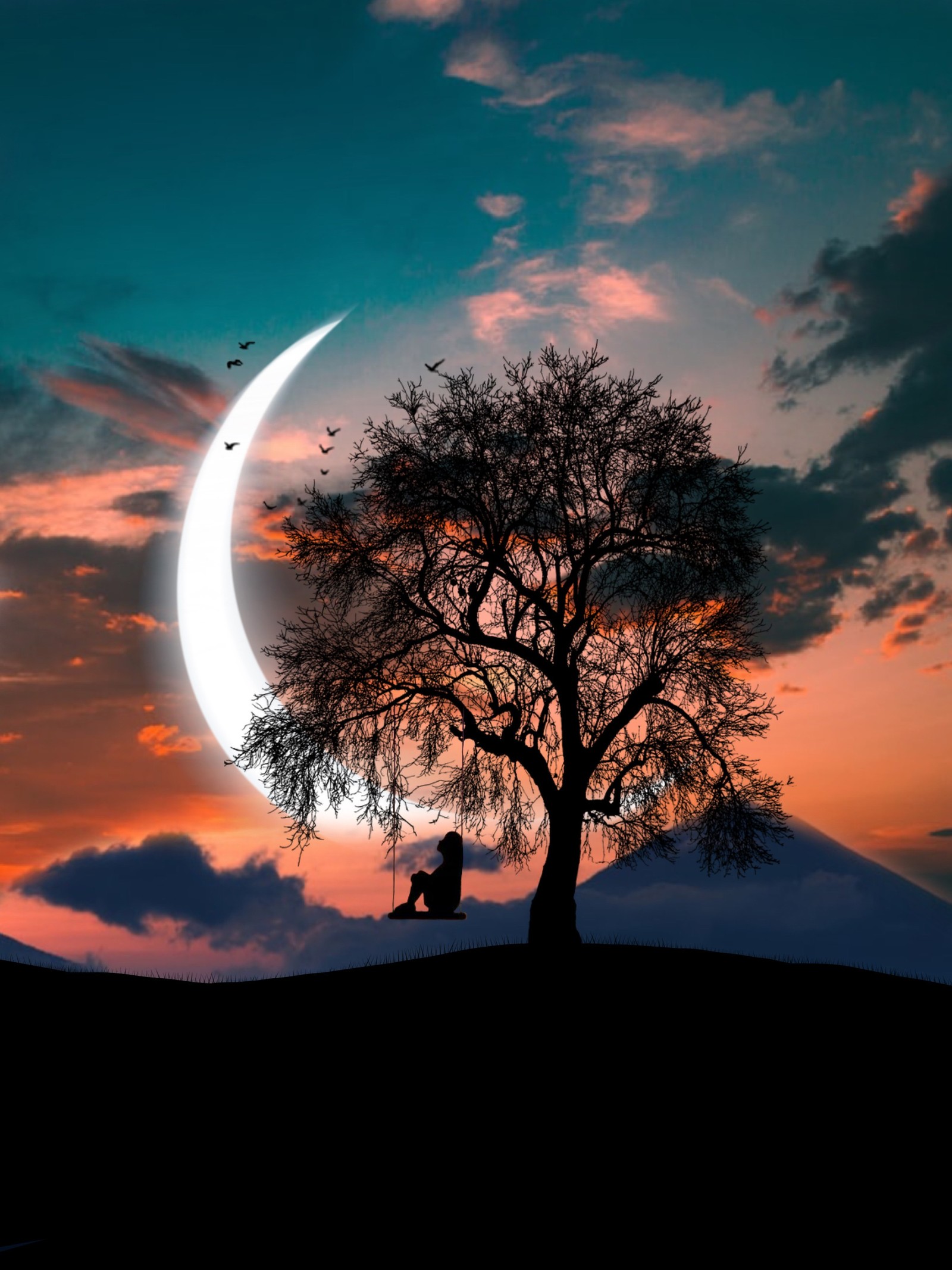 Arafed image of a man sitting under a tree with a crescent (sunset, cloud, colored, golden hour, horizon)