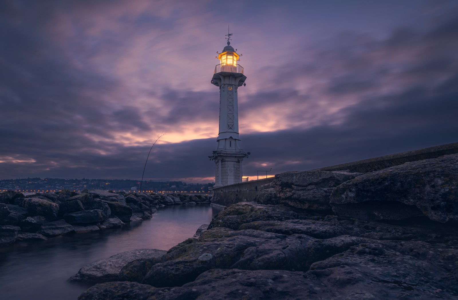 Lade leuchtturm, genf, schweiz, dämmerung, fotografie Hintergrund herunter