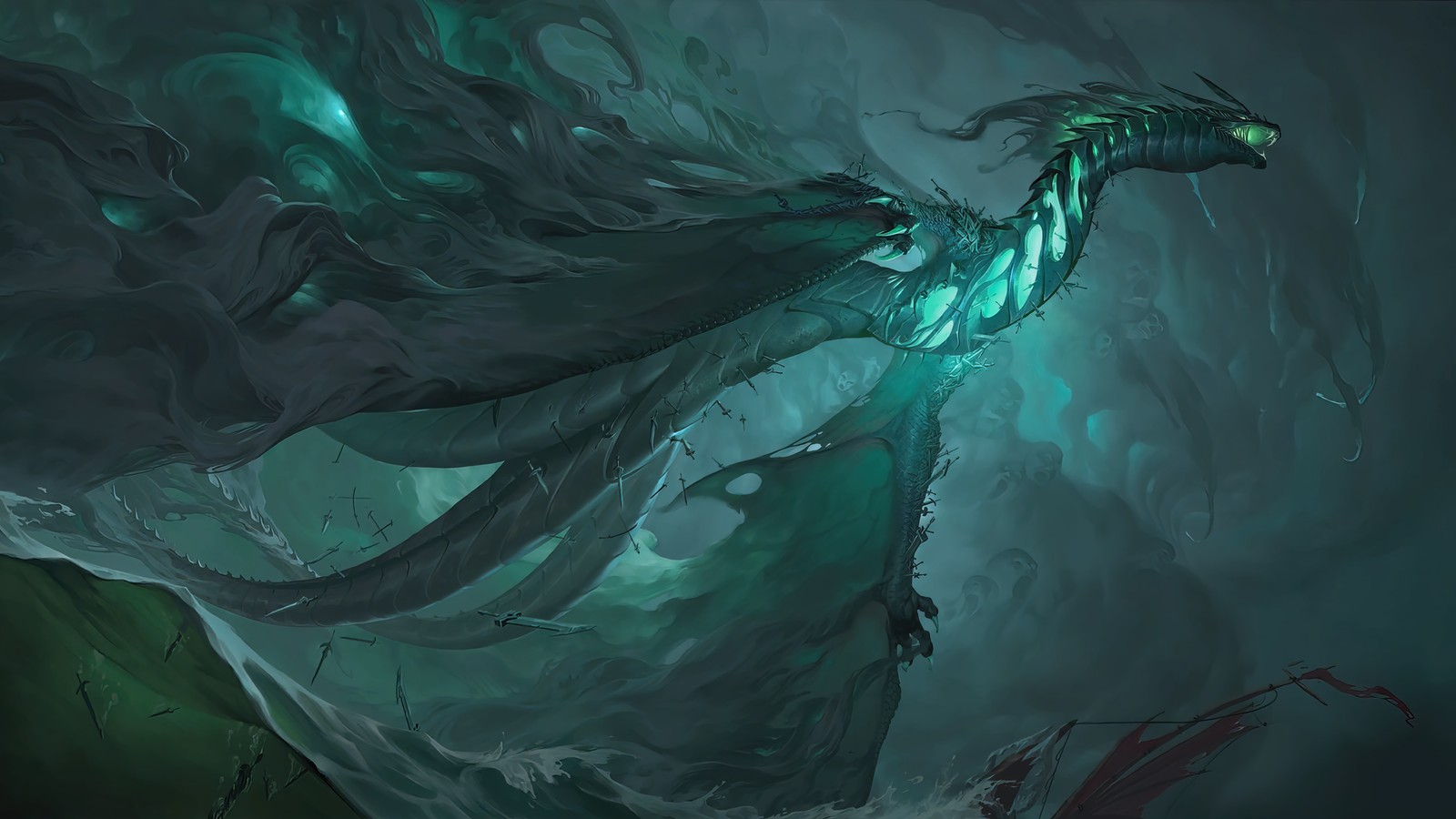 A painting of a dragon with a long tail and a long tail (legends of runeterra, lor, video game, camavoran dragon)