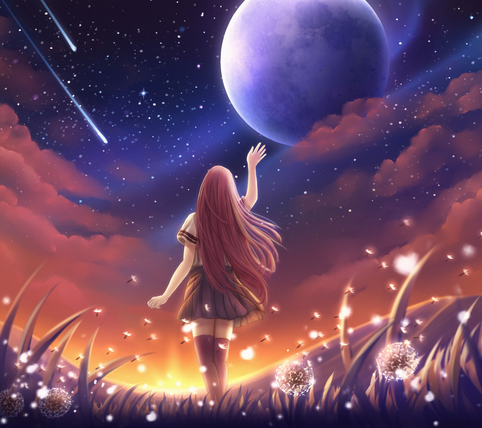 Una niña de pie en un campo mirando a la luna (solo, anime, niña, amor)