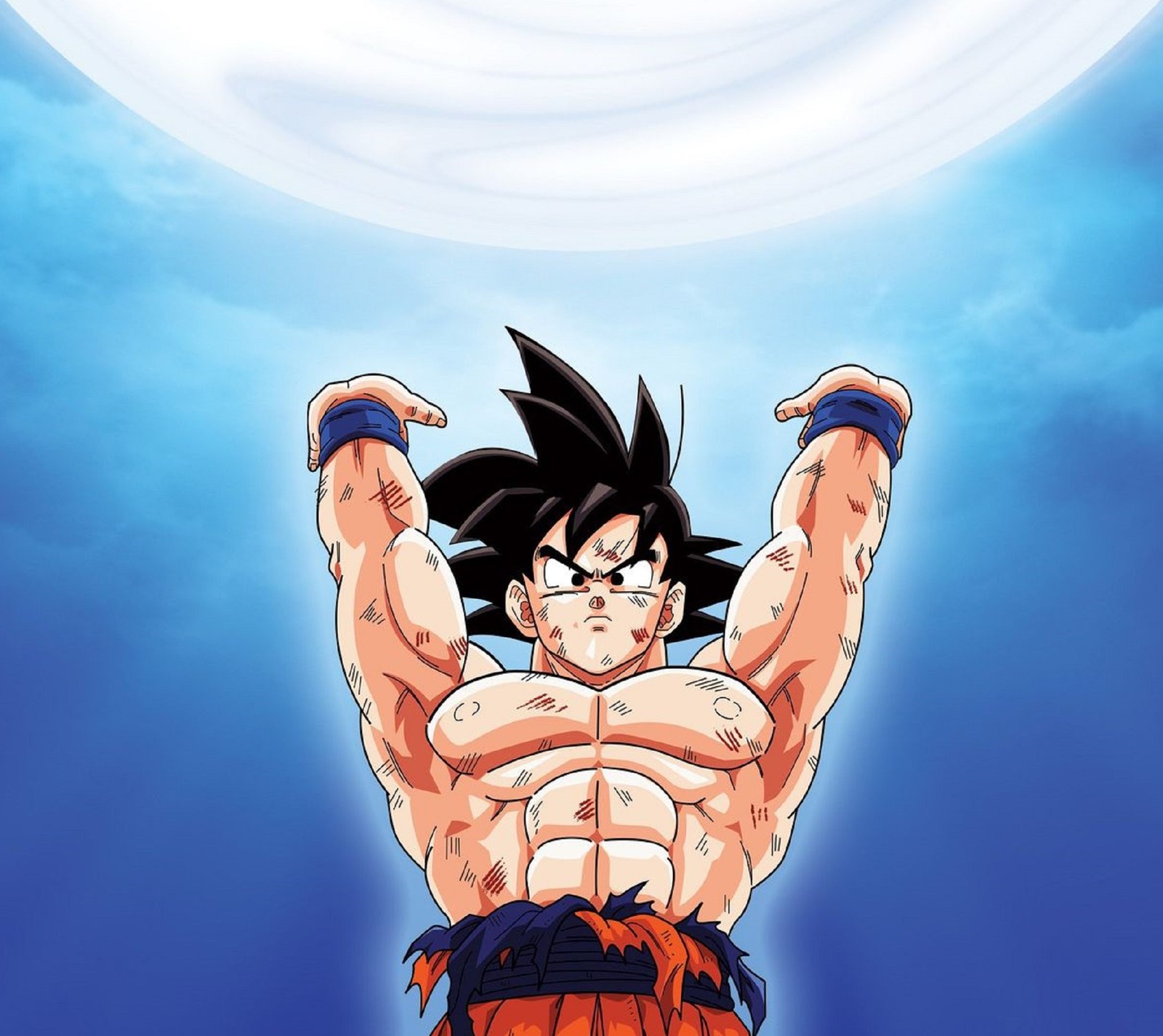 Un dibujo animado de un joven gohan con el cuerpo entero y los brazos levantados (anime, dbz)