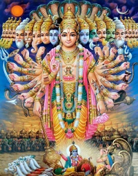 Göttliche Manifestation von Lord Vishnu umgeben von himmlischen Wesen in einer lebhaften indischen Landschaft