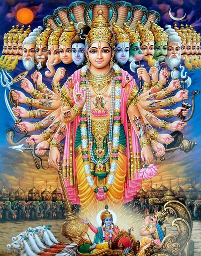 Divine Manifestation of Lord Vishnu Surrounded by Celestial Beings in a Vivid Indian Landscape