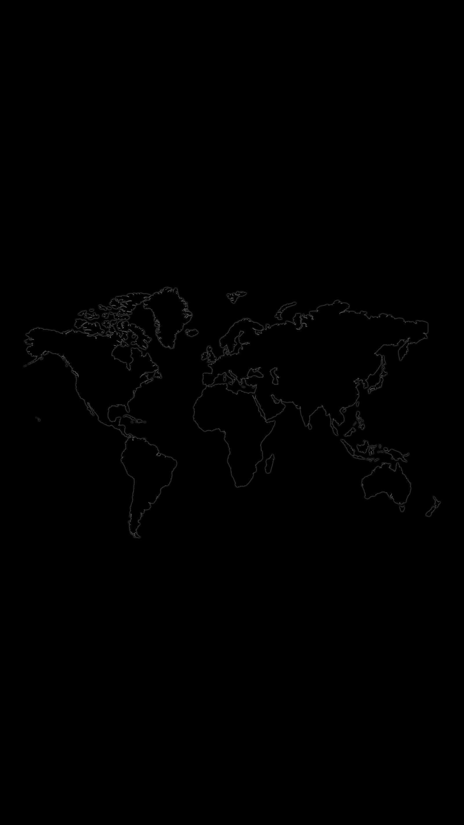 A black and white photo of a world map with a black background (929, amoled, black, map, minimal)