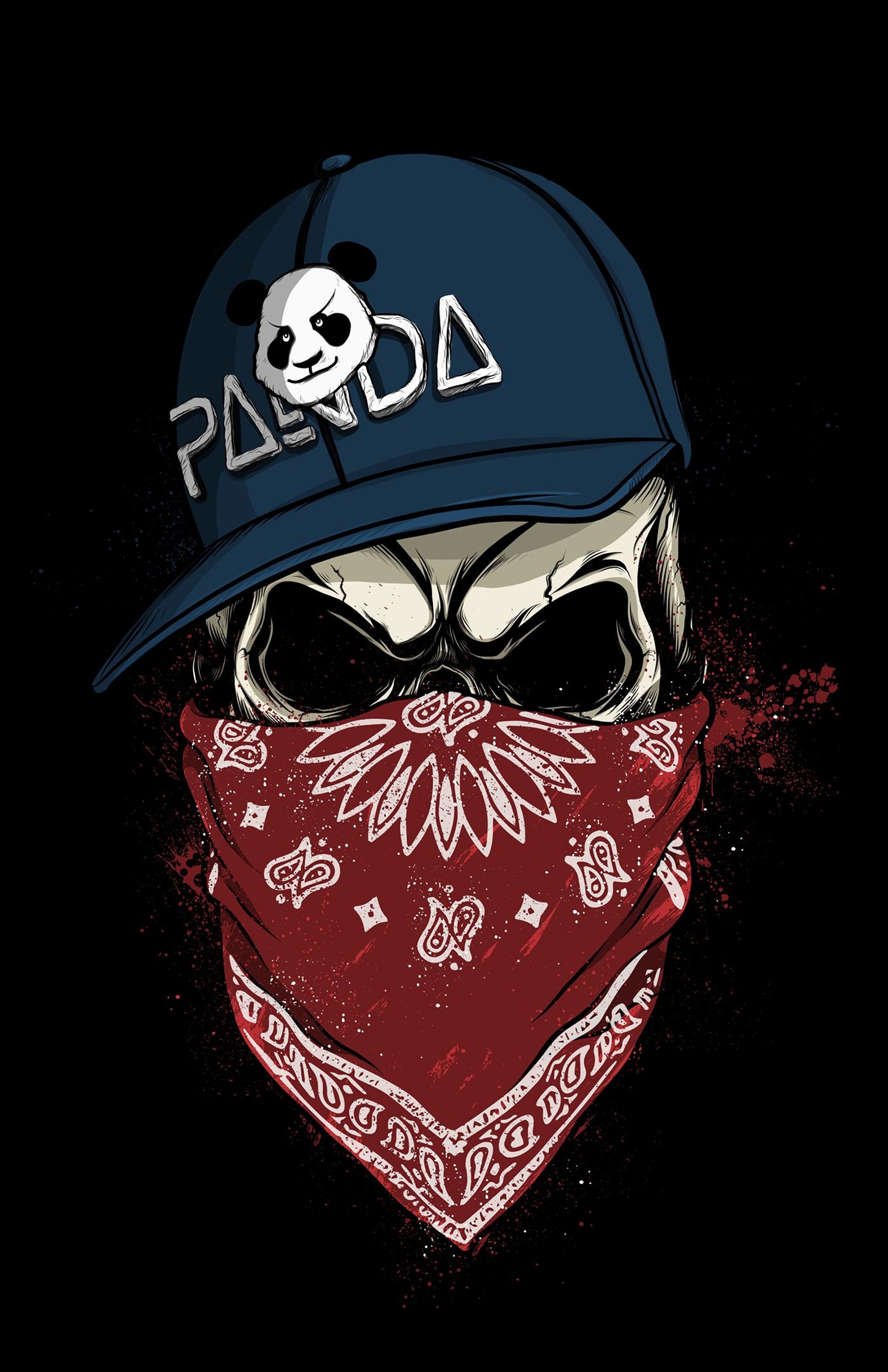 Skull wearing a bandana and a baseball cap with a skull on it (gangsta, dead)