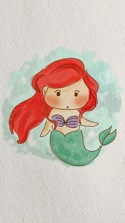 Linda ilustración de dibujos animados de Ariel, la princesa de Disney, como una pequeña sirena con cabello rojo fluido y una cola verde.