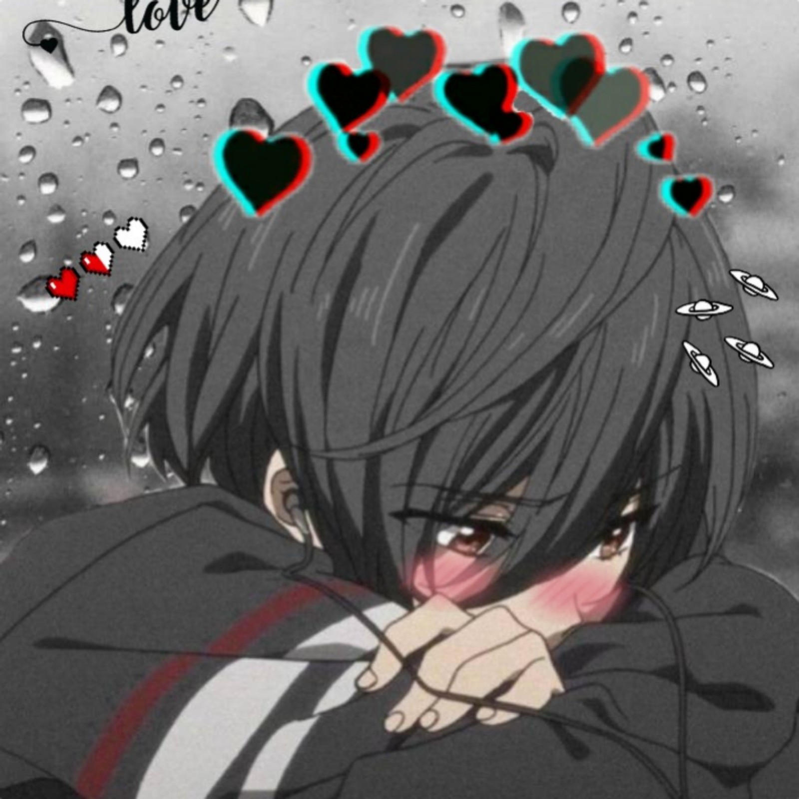 Chico de anime con cabello negro y gafas abrazando su cara con corazones flotando sobre él (lonelyanime, triste, anime triste, chico de anime triste, chico triste)