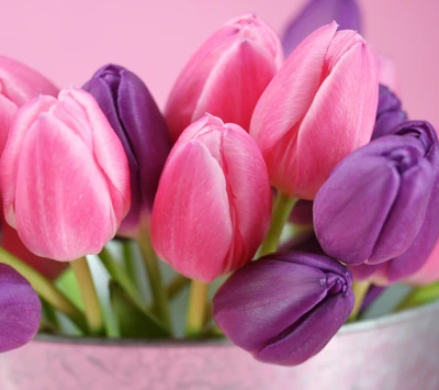 Tulipas vibrantes em rosa e roxo em um vaso prateado