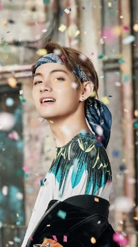 Taehyung dans une atmosphère vibrante et festive avec des confettis colorés, incarnant l'esprit de 'Tu ne marcheras jamais seul'.