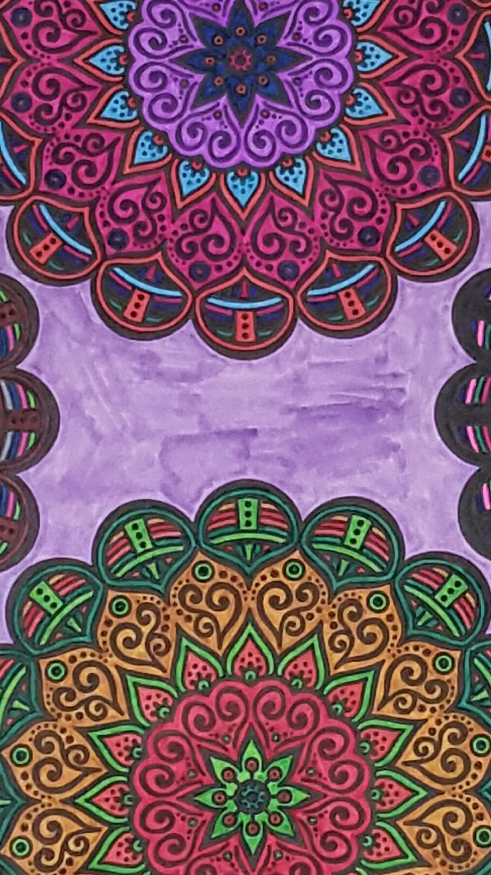 A painting of a colorful flower design on a purple background (design, mandala)