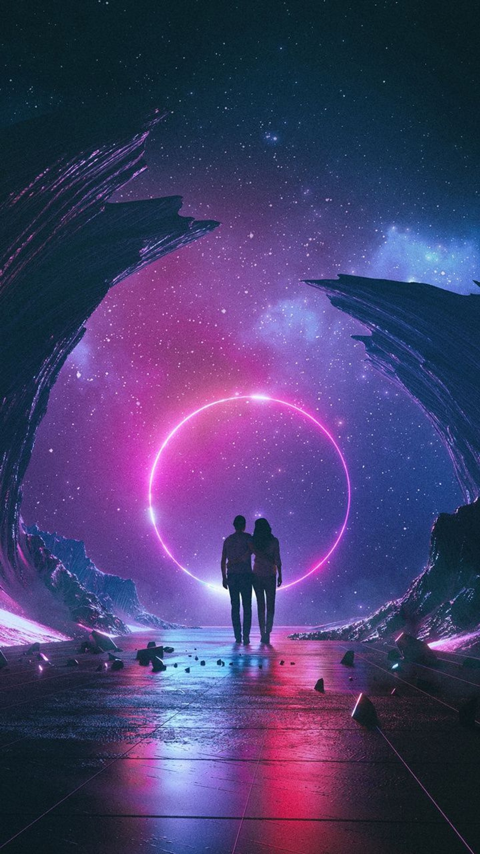 Una pareja caminando a través de un túnel con una luz de neón al fondo (galaxia, humano, color)