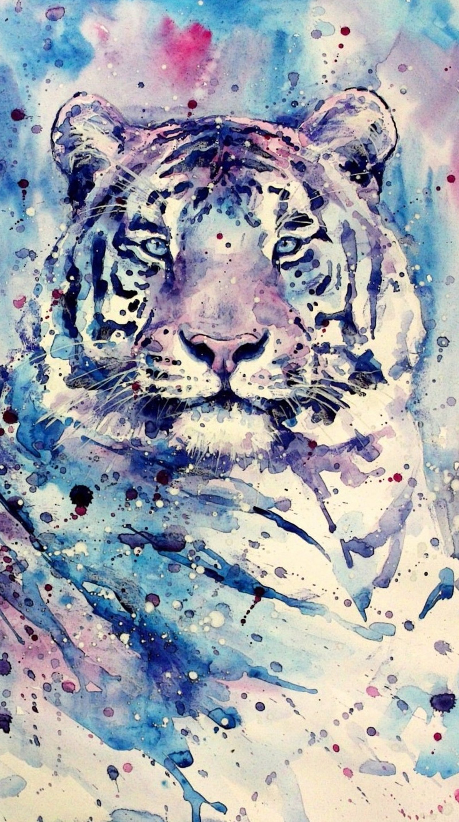 Painting of a tiger with a blue background and a pink background (art, color, texture, tiger)