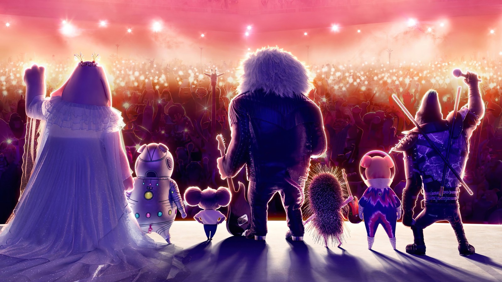 A group of people standing on a stage with a dog and a cat (sing 2, 2021, movie, poster)