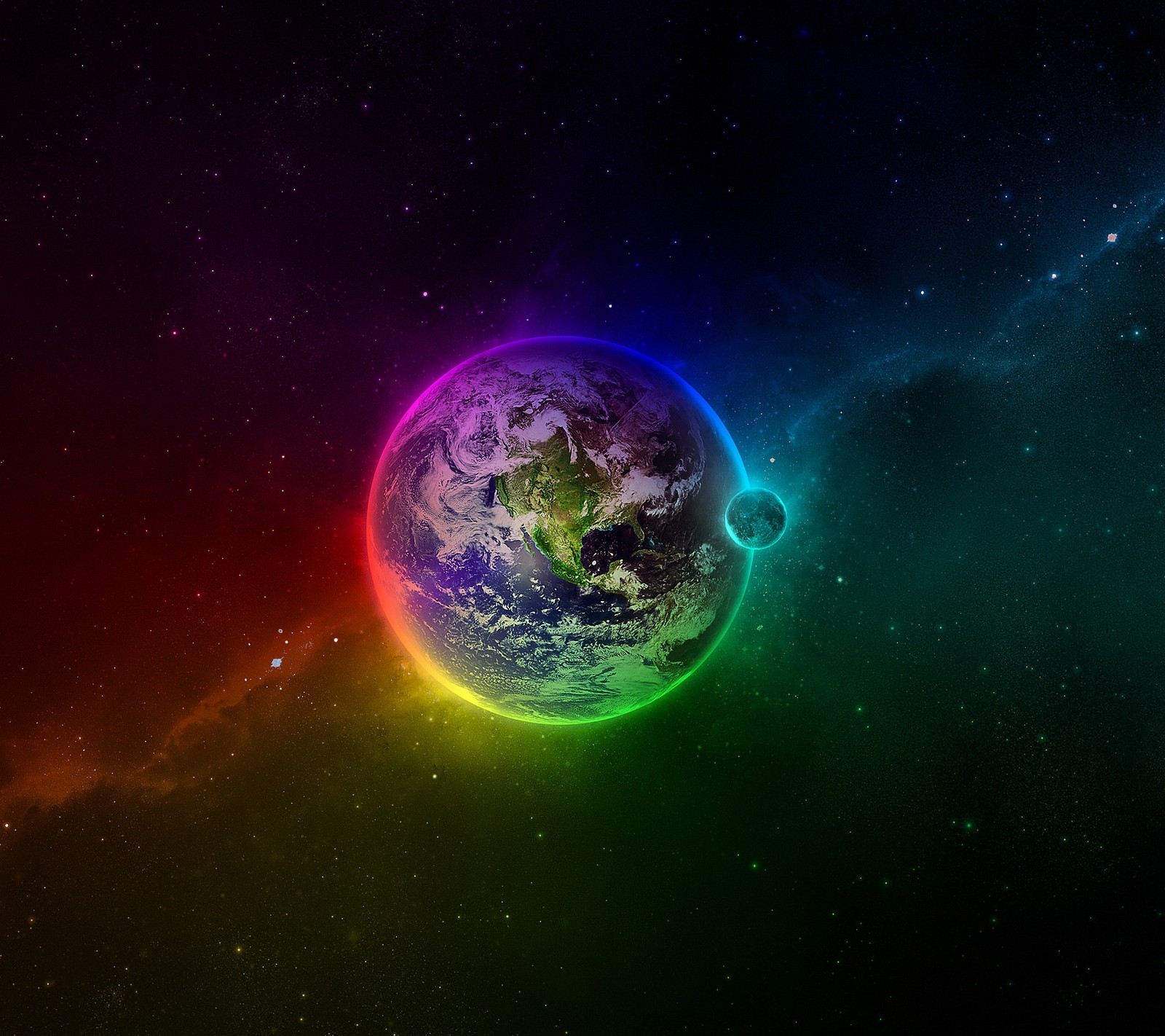 A close up of a colorful planet with a rainbow light (planet, planeta, space, tierra)