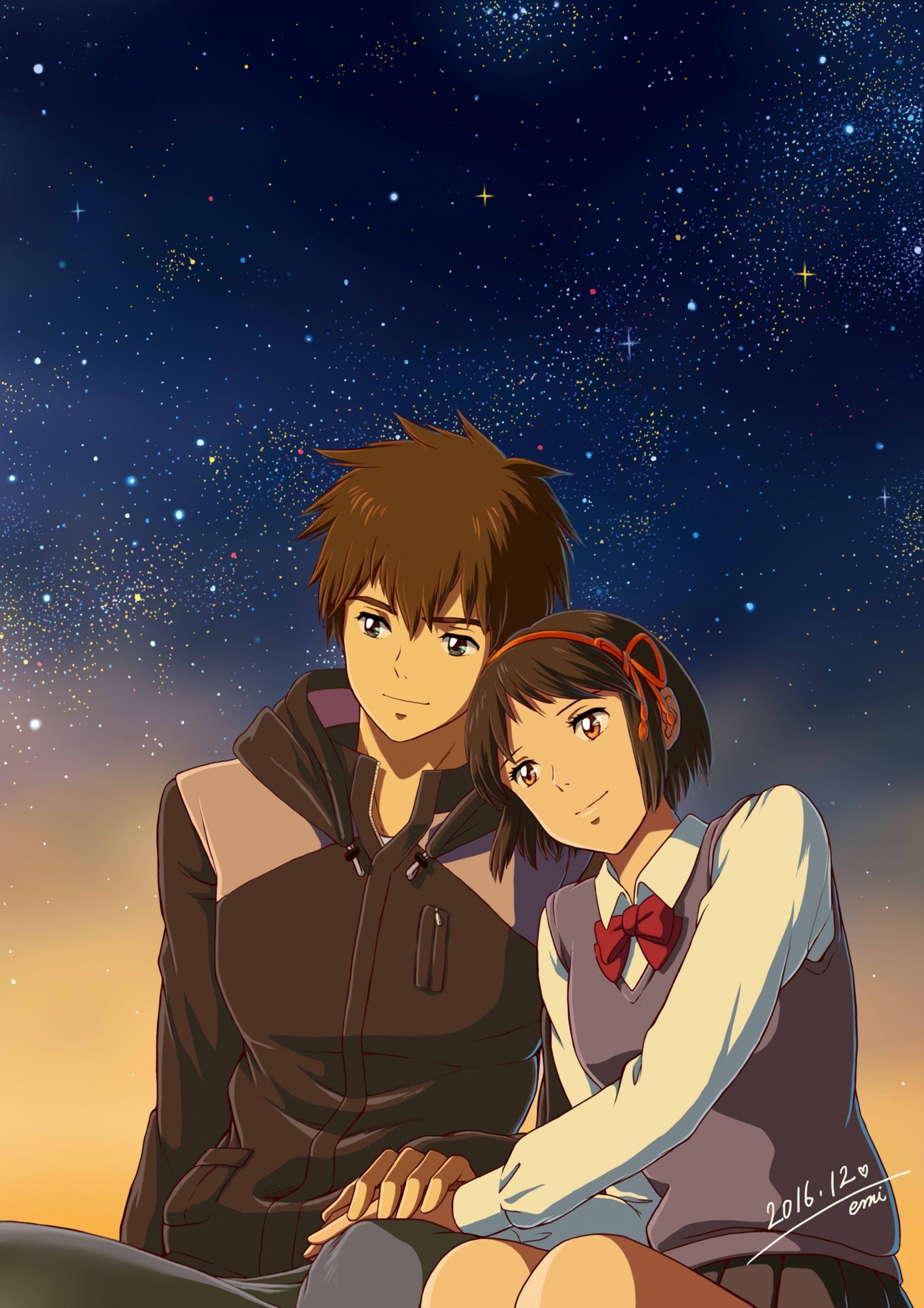 Pareja de anime sentada en una roca en medio de un cielo lleno de estrellas (mitsuha, taki, your name)