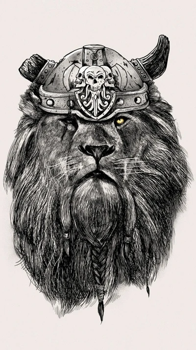 Tatouage de lionne viking : art féroce avec des détails de crâne