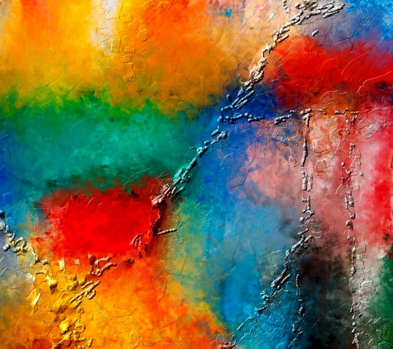 Abstract painting of a colorful background with a red circle (cq, hd)