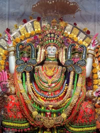 Lebendiges Idol der Göttin Durga, geschmückt mit Blumen und Schmuck in Jabalpur