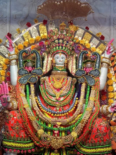 Ídolo vibrante da deusa Durga adornado com flores e joias em Jabalpur