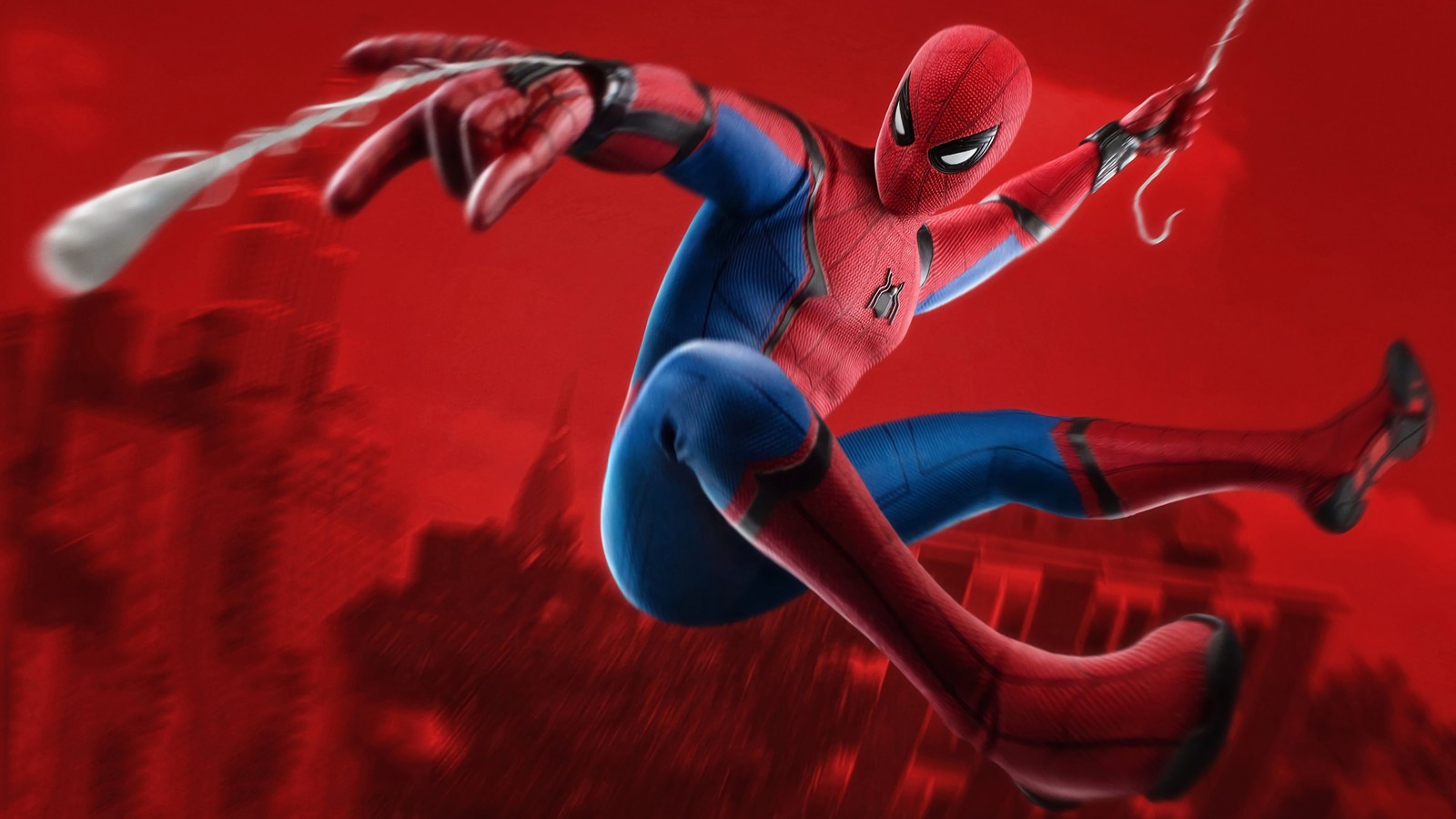 Spider-man dans un costume rouge volant dans les airs (spider man, tir web, marvel comics, bandes dessinées)