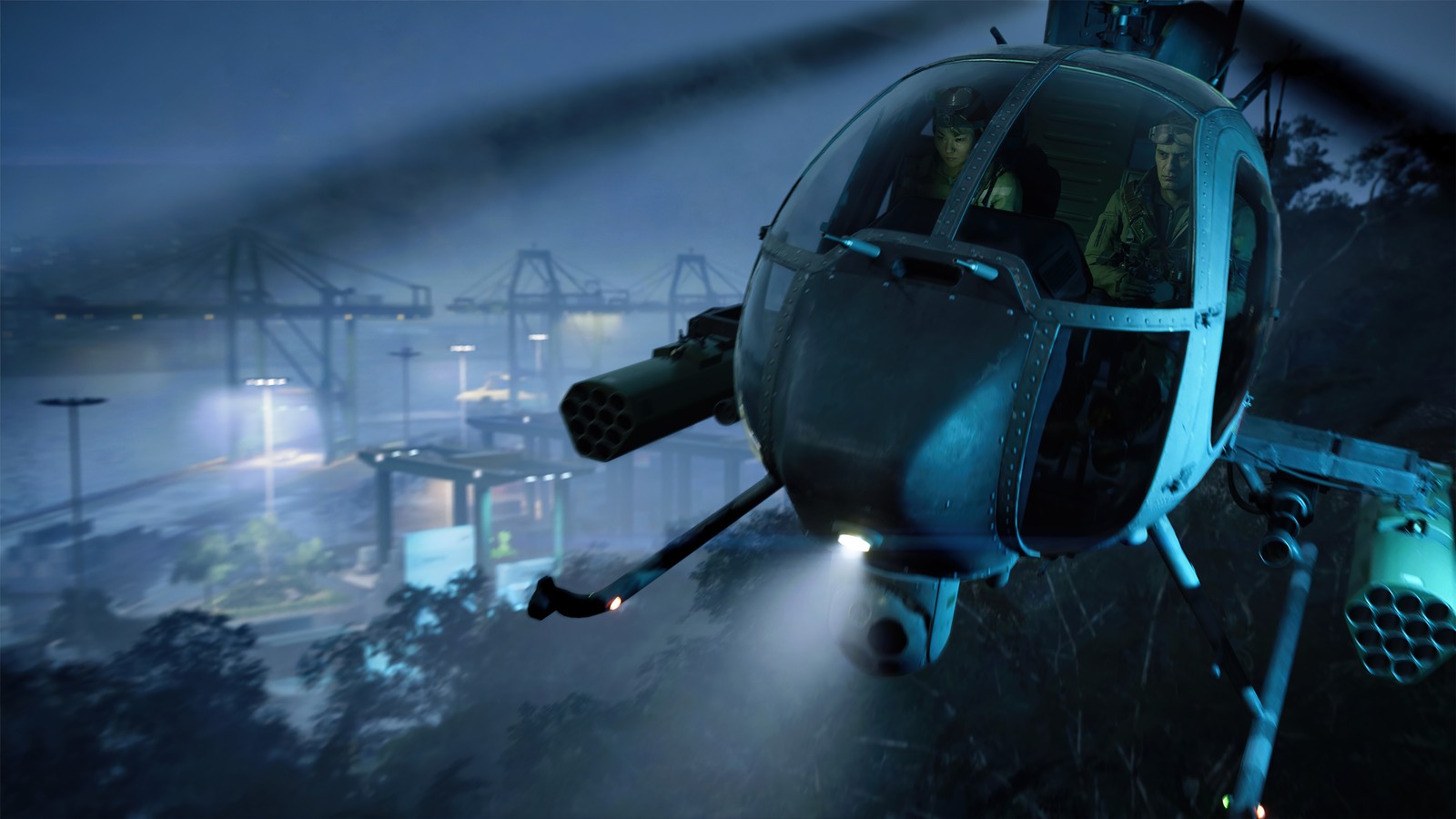 Arafed helicopter flying over a city at night with fog (battlefield 2042, video game, attack helicopter, screenshot)