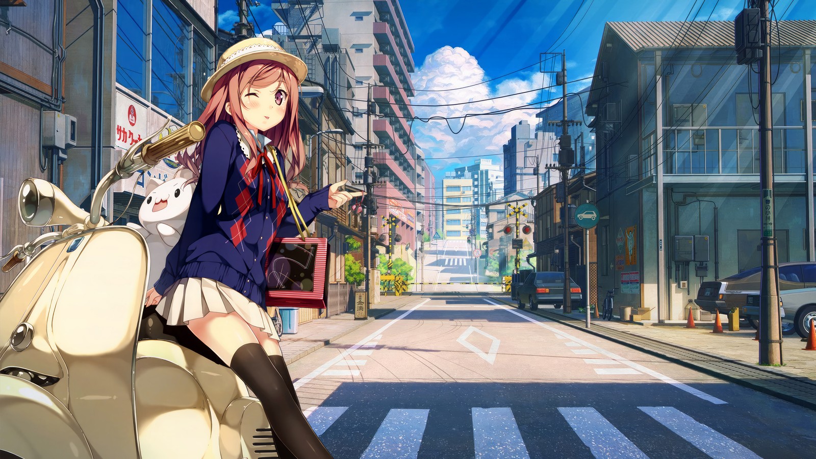 Lade anime mädchen, anime, straße, motorad Hintergrund herunter