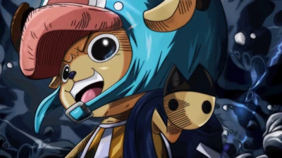 Tony Tony Chopper de One Piece, exibindo sua expressão alegre e seu chapéu icônico contra um fundo dinâmico e tempestuoso.