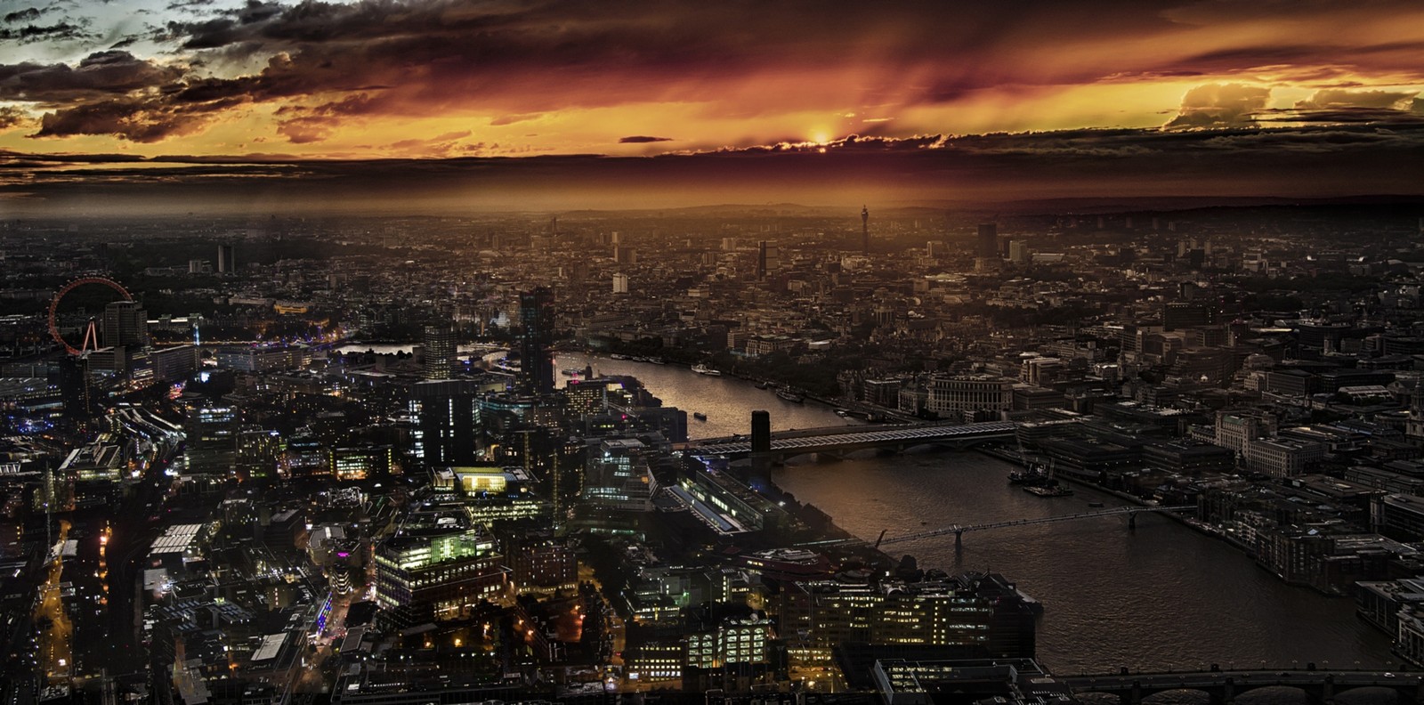 Ein blick auf eine stadt bei nacht mit einer brücke und einem fluss (themse, the shard, stadtbild, sonnenuntergang, stadt)