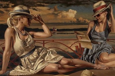 Elegant Women in Summer Attire Enjoying a Leisurely Moment by the Water