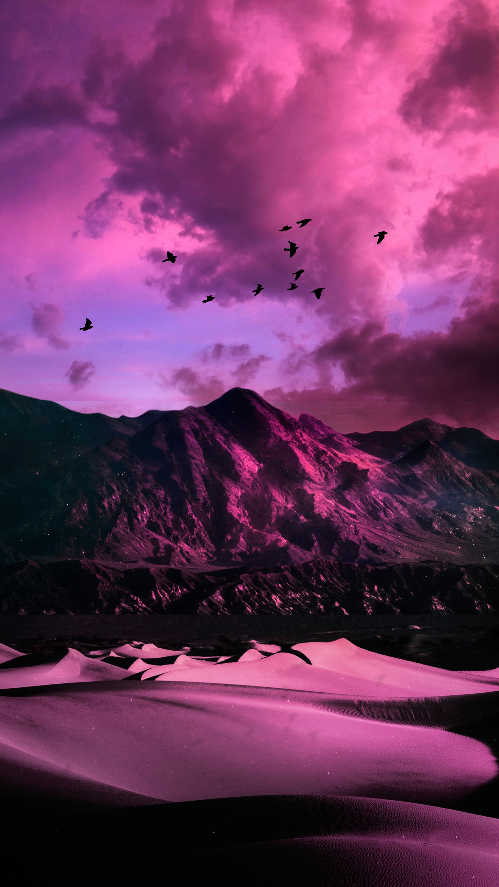 Purple sky with birds flying over a mountain and sand dunes (cloud, atmosphere, mountain, purple, nature)