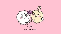 Adorable Chiikawa y Usagi compartiendo un dulce en un fondo rosa claro