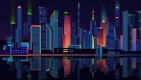 Paysage urbain nocturne vibrant : une métropole en pixel art avec des gratte-ciel et des reflets.