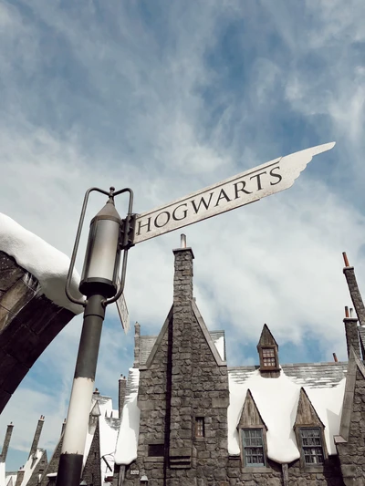 Carteles de Hogwarts contra un cielo cúmulo con techos cubiertos de nieve