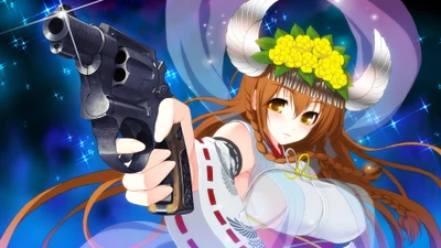 Personagem de anime futurista com adereço floral e pistola em um cenário cósmico