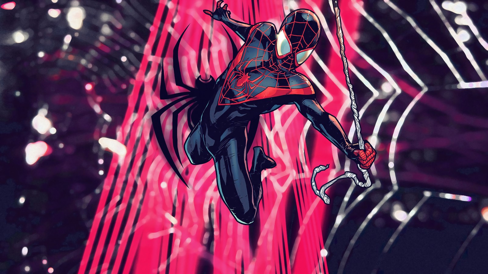 Spider-man dans un costume rouge et noir suspendu à une toile d'araignée (spider man, miles morales, marvel comics, bandes dessinées)