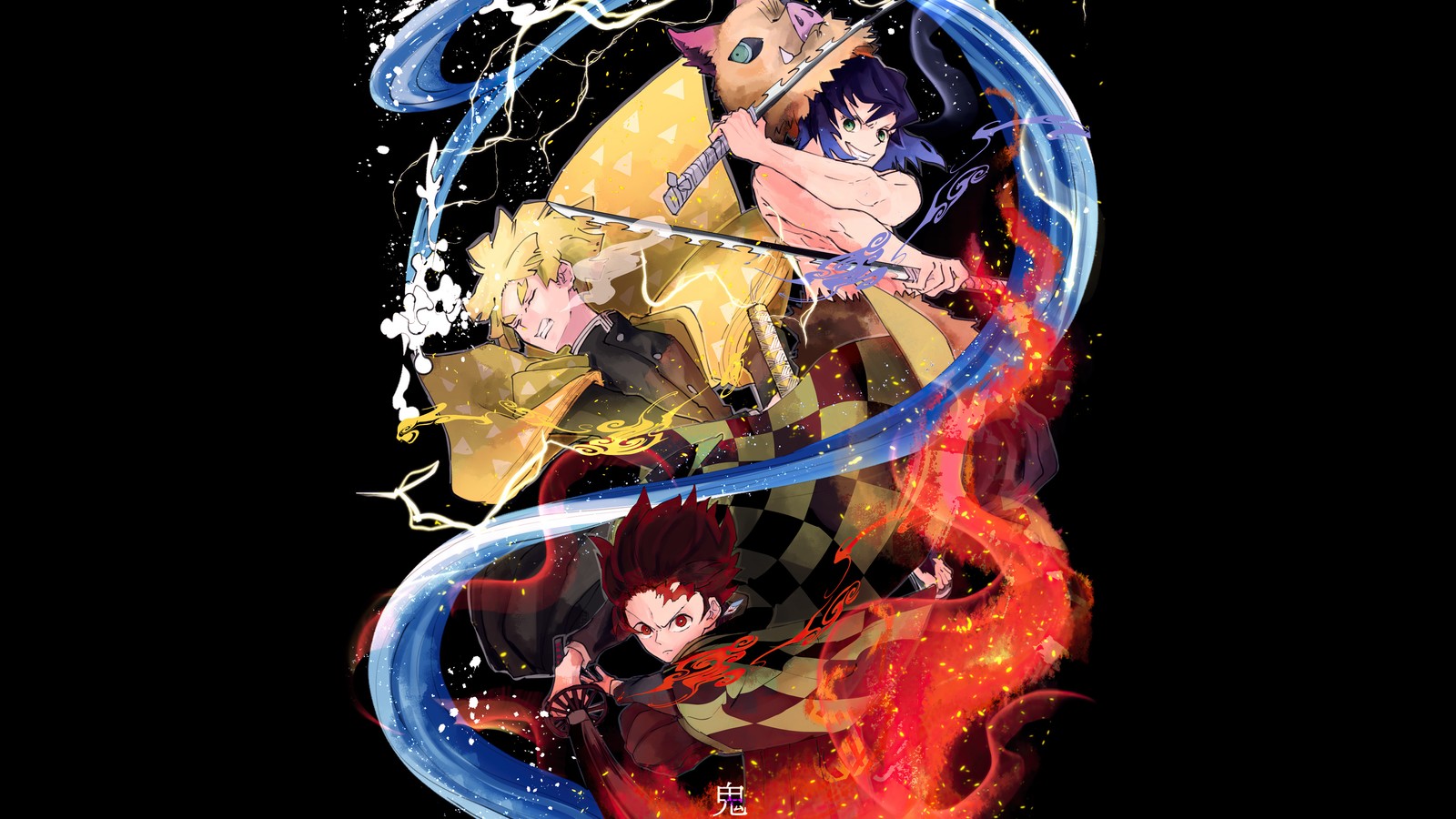 Anime-charaktere sind von feuer und wasser umgeben (dämonentöter kimetsu no yaiba, demon slayer kimetsu no yaiba, anime, 鬼滅の刃, tanjiro kamado)