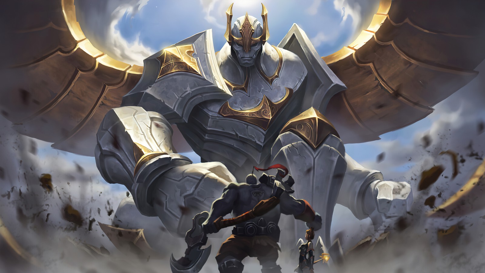 Um homem em pé ao lado de um robô gigante em um céu nublado (galio, lol, league of legends, jogo de vídeo, arte)