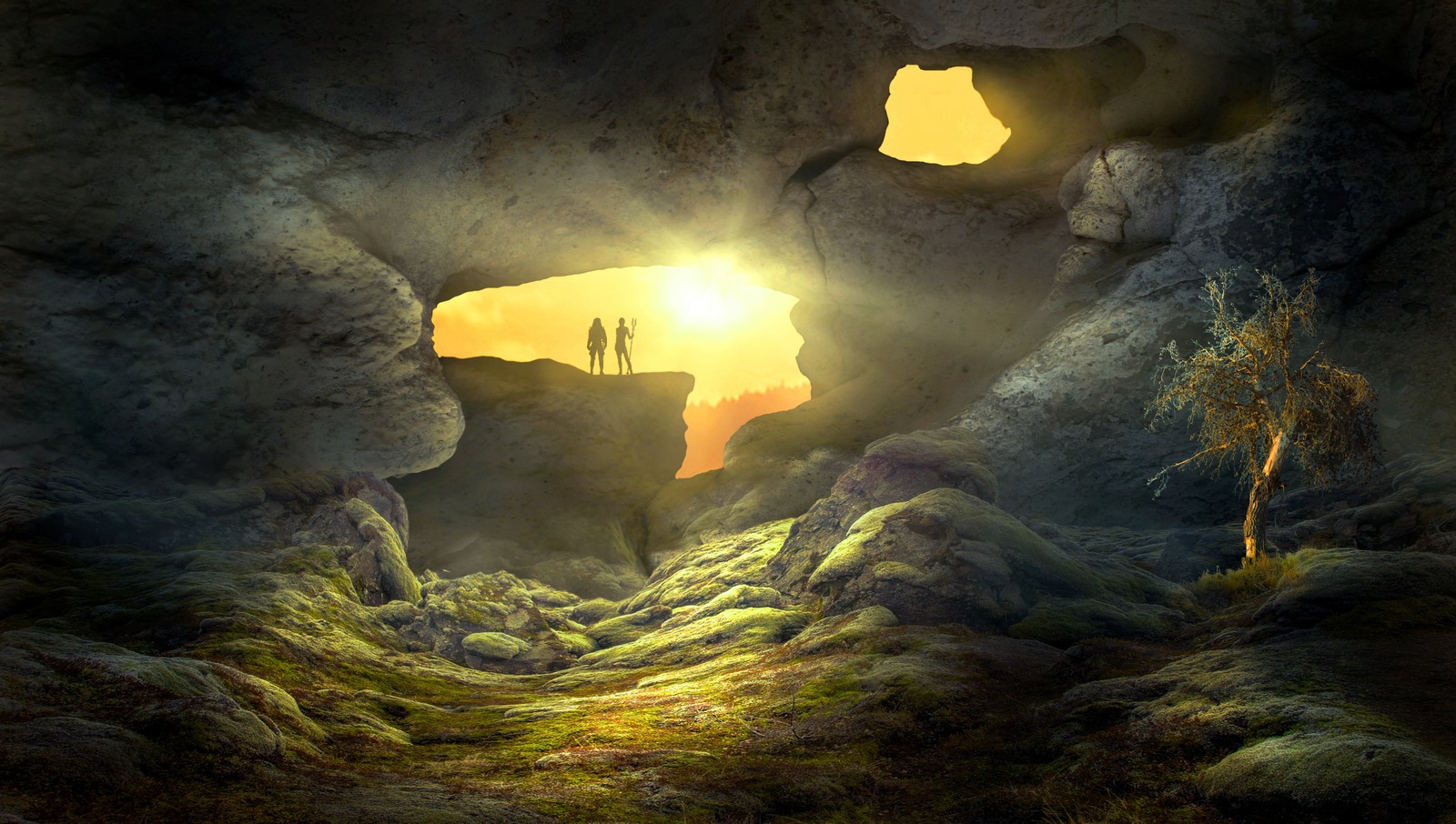 Un hombre y una mujer de pie en una cueva con un atardecer de fondo (paisaje, fantasía, ligero, cueva, formación)