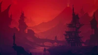 Red Landscape with Futuristic Structures Under a Fiery Sky