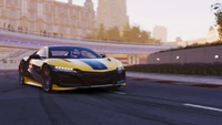 Cena de corrida dinâmica no Project Cars 3 com um carro esportivo bicolor na pista