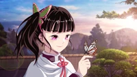 Kanao Tsuyuri Interactuando Suavemente con una Mariposa al Atardecer