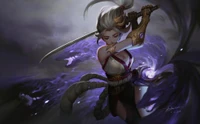 A powerful woman warrior brandishing a sword, surrounded by swirling purple energy, embodying elements of mythology and fantasy in a striking illustration.