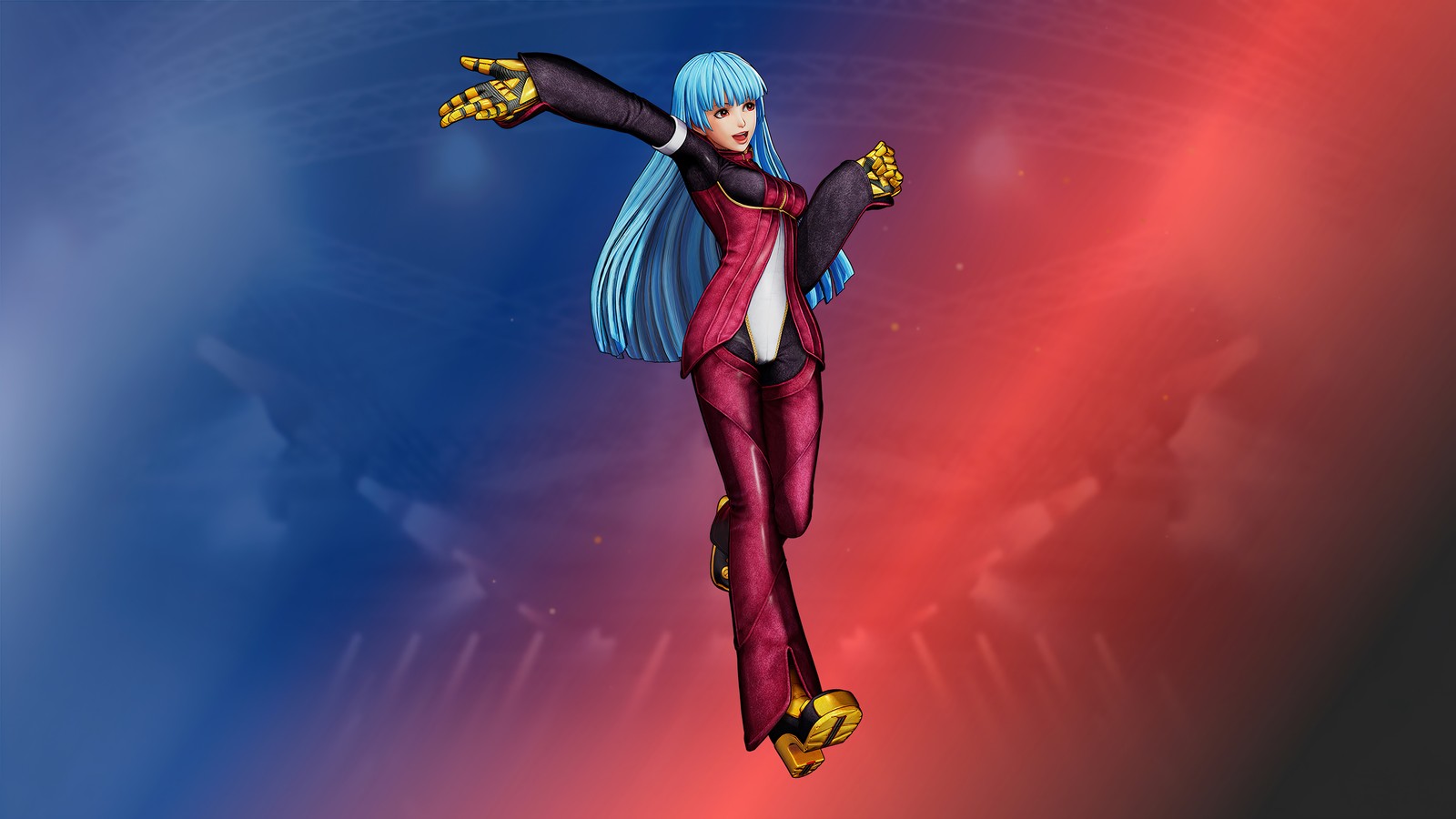 Un primer plano de una persona volando por el aire con una espada (kula diamond, the king of fighters xv, kof 15, videojuego)