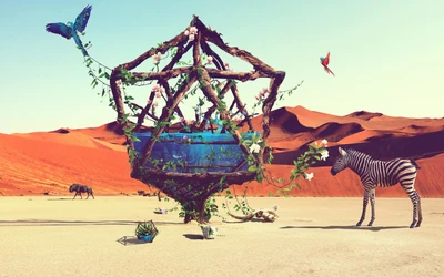 Surreal Desert Oasis: A Vibrant Fusion of Wildlife and Art