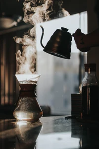 A steaming coffee brew is being poured from a kettle into a glass carafe, illuminated by soft window light, creating a cozy cafe ambiance.