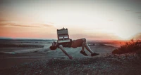 Dreamy Horizon: A Musician Floating Above a Serene Landscape at Sunset